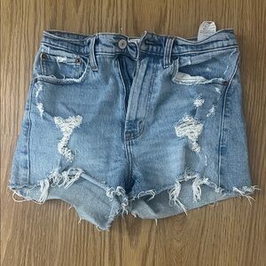 A&F Distressed High Rise Mom Short in Light Blue